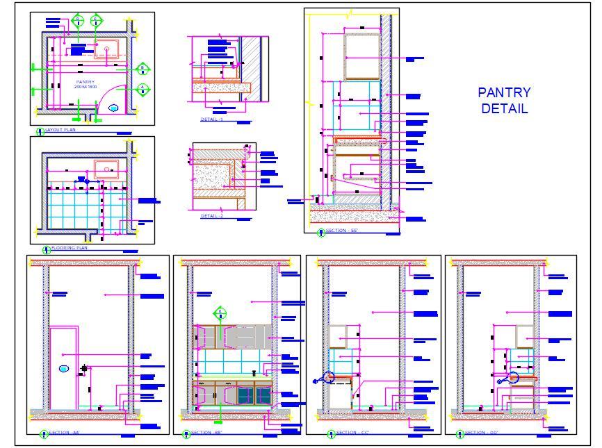 Pantry Design AutoCAD- Counter, Sink Space, and Storage Details